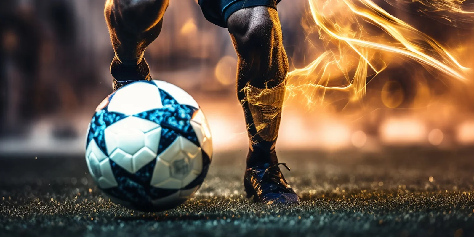 A striker connects with the ball under floodlights